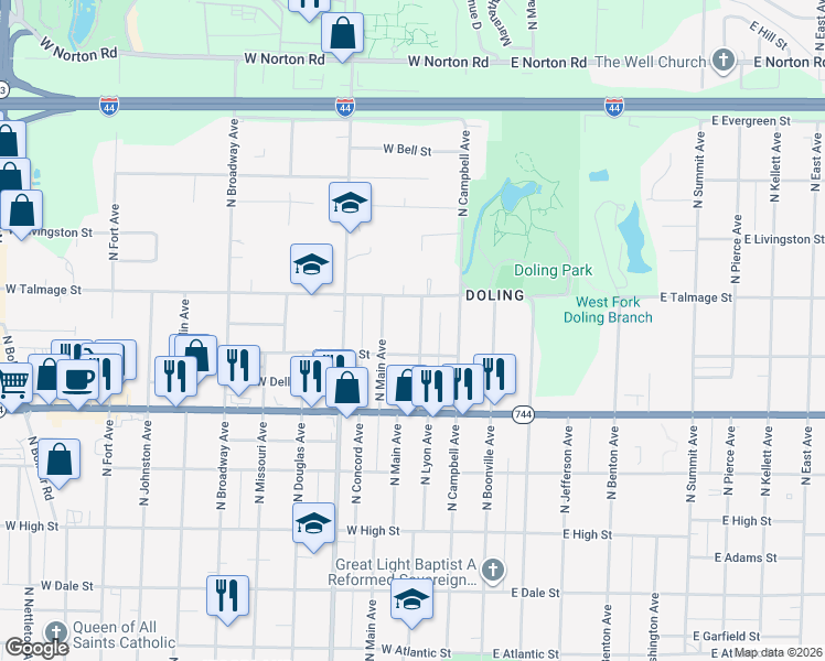 map of restaurants, bars, coffee shops, grocery stores, and more near 2530 North Lyon Avenue in Springfield
