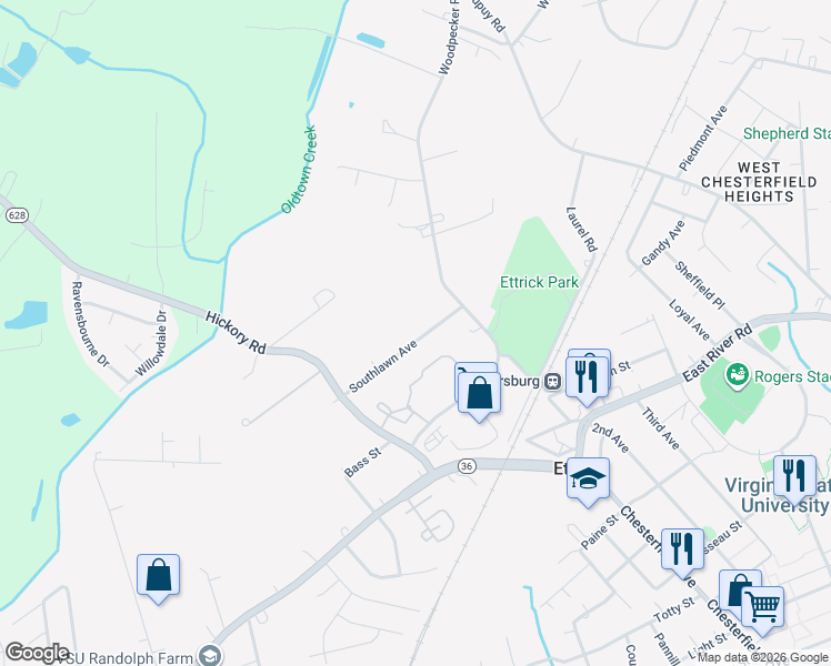 map of restaurants, bars, coffee shops, grocery stores, and more near 20530 Southlawn Avenue in Petersburg