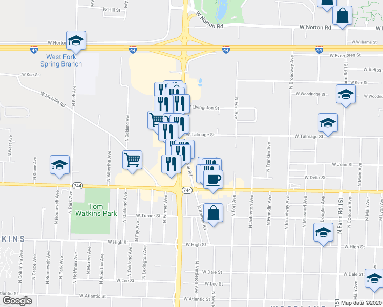 map of restaurants, bars, coffee shops, grocery stores, and more near 2520 North Bolivar Road in Springfield