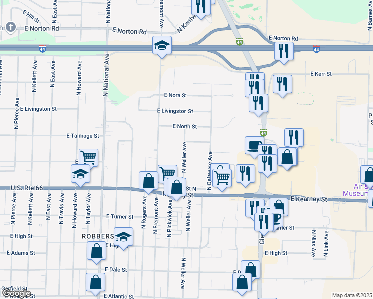 map of restaurants, bars, coffee shops, grocery stores, and more near 2546 North Weller Avenue in Springfield