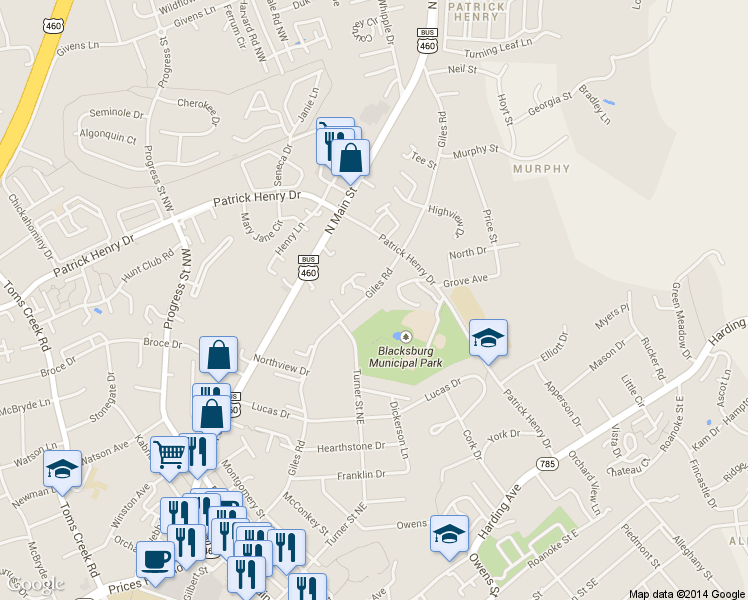 map of restaurants, bars, coffee shops, grocery stores, and more near 912-916 Giles Road in Blacksburg