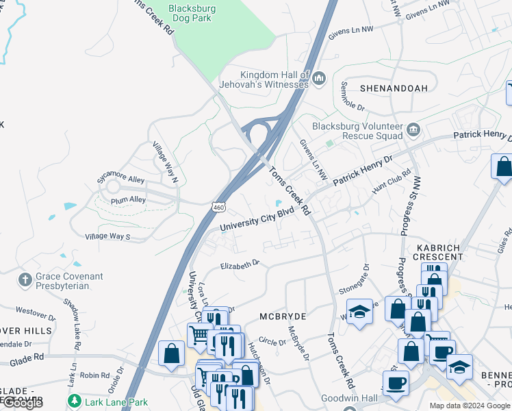 map of restaurants, bars, coffee shops, grocery stores, and more near 1303 University City Boulevard in Blacksburg