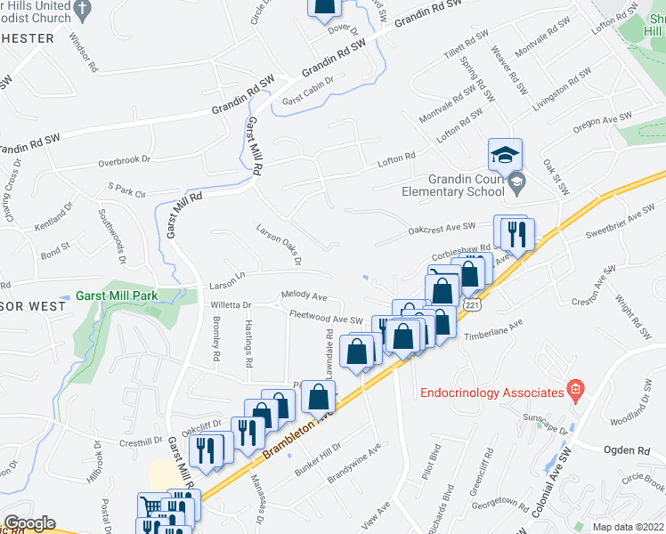 map of restaurants, bars, coffee shops, grocery stores, and more near 3573 Larson Lane in Cave Spring