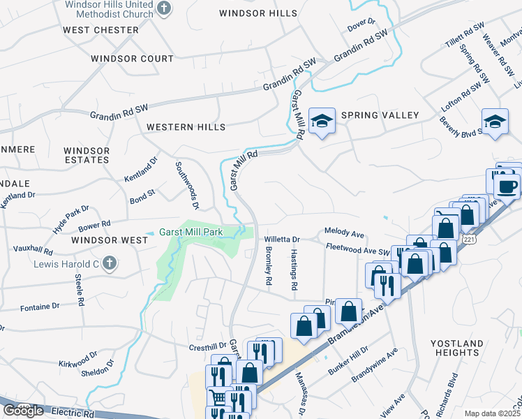map of restaurants, bars, coffee shops, grocery stores, and more near 4120 Garst Mill Road in Cave Spring