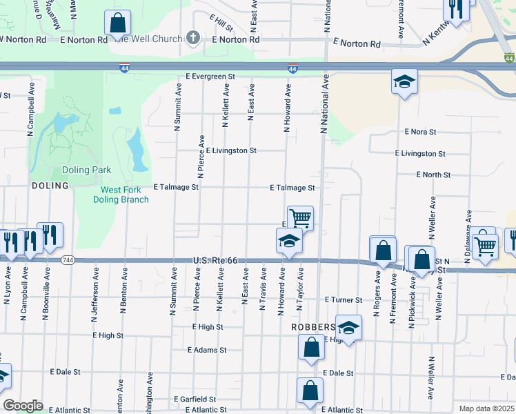 map of restaurants, bars, coffee shops, grocery stores, and more near 2532 North East Avenue in Springfield