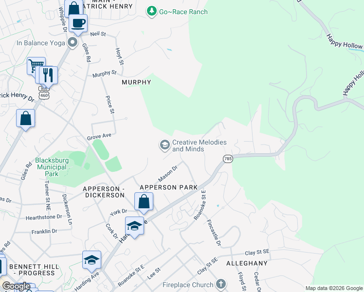 map of restaurants, bars, coffee shops, grocery stores, and more near 500 Rucker Road in Blacksburg