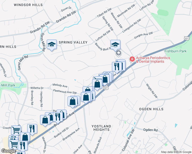 map of restaurants, bars, coffee shops, grocery stores, and more near 3026 Corbieshaw Road Southwest in Roanoke