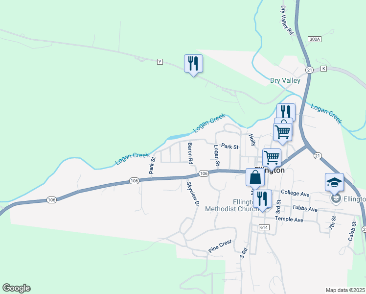 map of restaurants, bars, coffee shops, grocery stores, and more near 270 Meadow Drive in Ellington