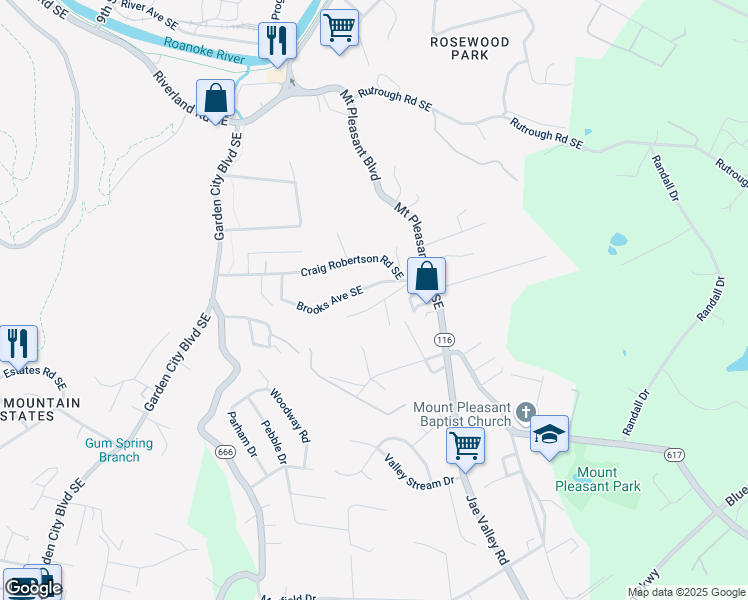 map of restaurants, bars, coffee shops, grocery stores, and more near 1452 Kefauver Road Southeast in Roanoke