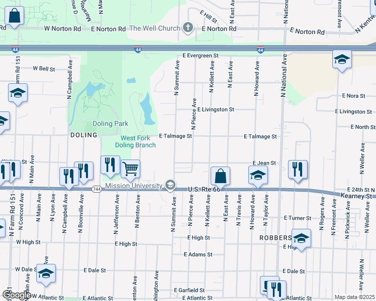 map of restaurants, bars, coffee shops, grocery stores, and more near 2532 N Pierce Ave in Springfield