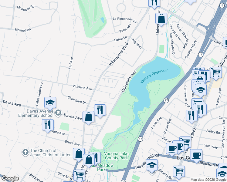 map of restaurants, bars, coffee shops, grocery stores, and more near 17301 East Vineland Avenue in Los Gatos