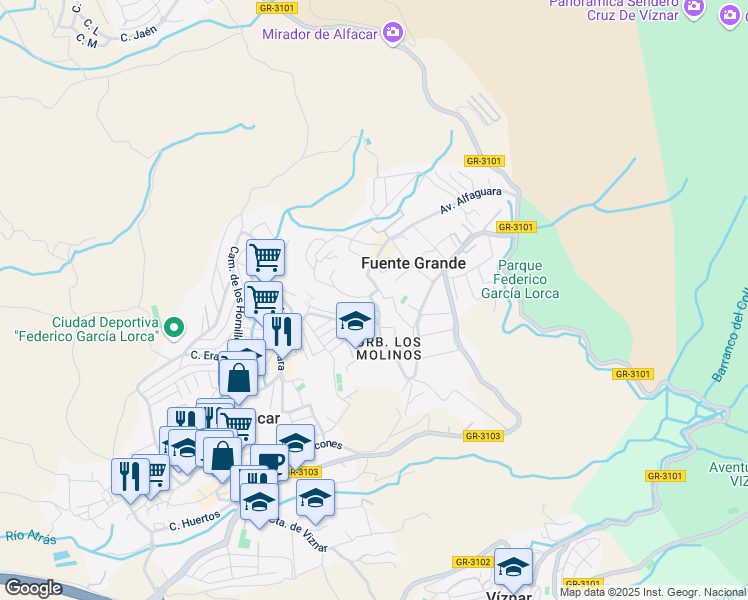 map of restaurants, bars, coffee shops, grocery stores, and more near 152 Avenida Alfaguara in Fuente Grande