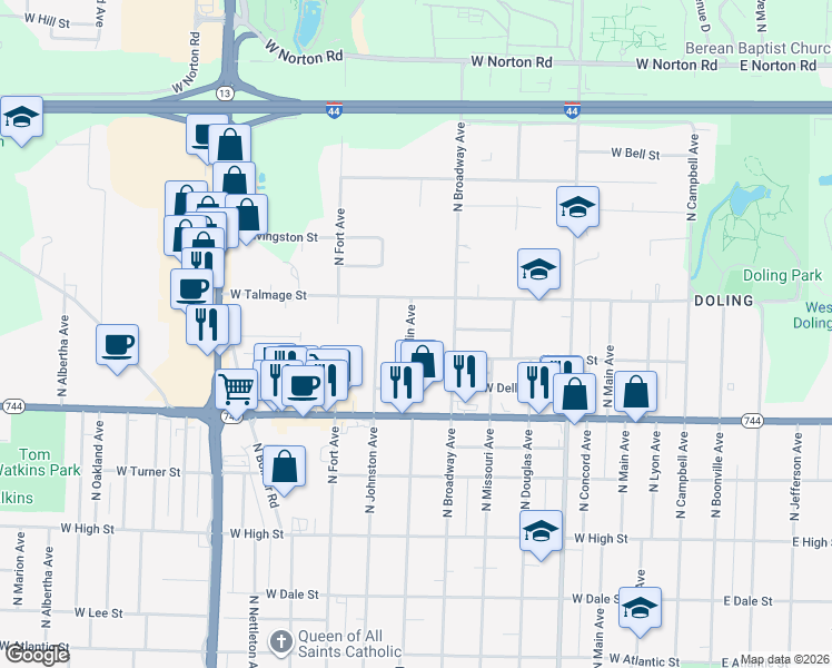 map of restaurants, bars, coffee shops, grocery stores, and more near 2526 North Franklin Avenue in Springfield