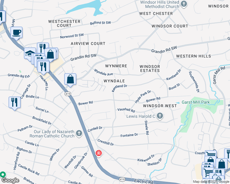 map of restaurants, bars, coffee shops, grocery stores, and more near 3910 Kentland Drive in Cave Spring
