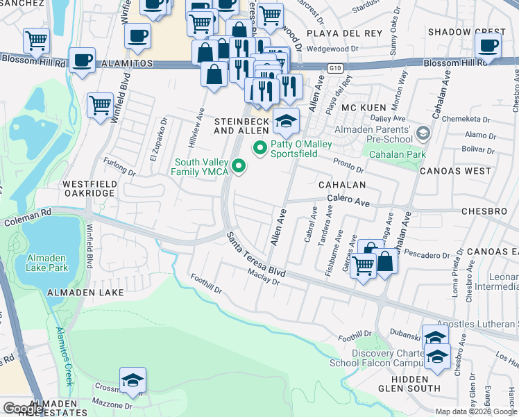 map of restaurants, bars, coffee shops, grocery stores, and more near 829 Villa Teresa Way in San Jose