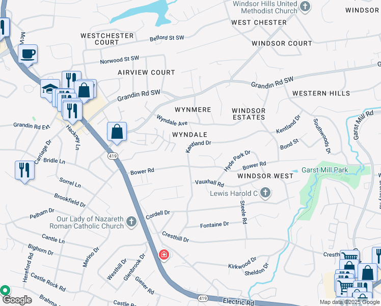 map of restaurants, bars, coffee shops, grocery stores, and more near 3910 Kentland Drive in Cave Spring