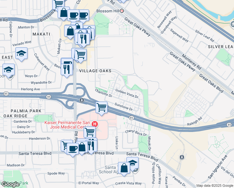 map of restaurants, bars, coffee shops, grocery stores, and more near 5959 Gemwood Loop in San Jose