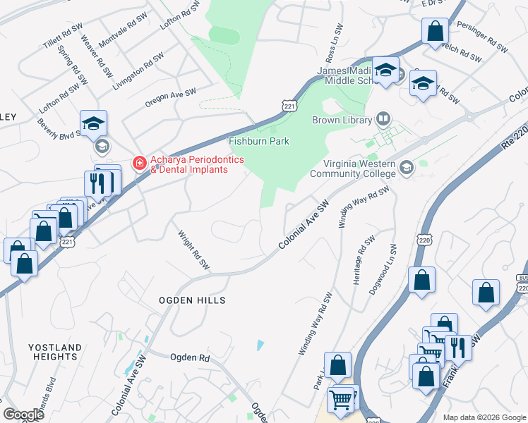 map of restaurants, bars, coffee shops, grocery stores, and more near 3540 Hartland Road Southwest in Roanoke