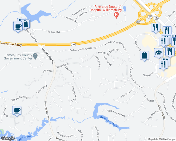 map of restaurants, bars, coffee shops, grocery stores, and more near 121 Holdsworth Road in Williamsburg