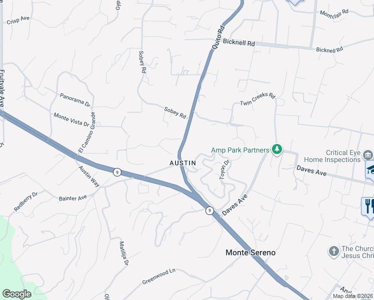 map of restaurants, bars, coffee shops, grocery stores, and more near 15470 Quito Road in Saratoga