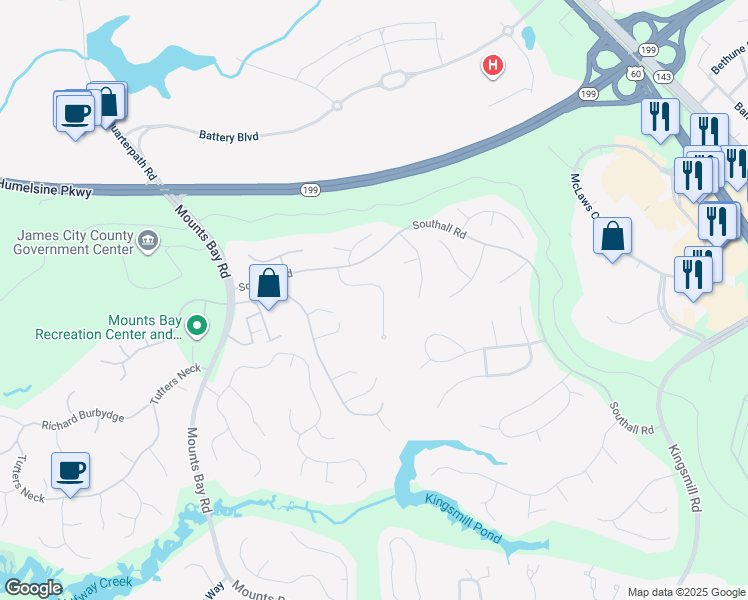 map of restaurants, bars, coffee shops, grocery stores, and more near 121 Holdsworth Road in Williamsburg