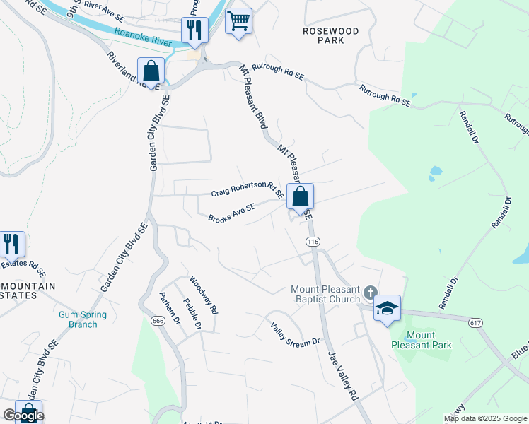 map of restaurants, bars, coffee shops, grocery stores, and more near 1452 Kefauver Road Southeast in Roanoke