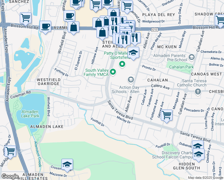 map of restaurants, bars, coffee shops, grocery stores, and more near 827 Villa Teresa Way in San Jose