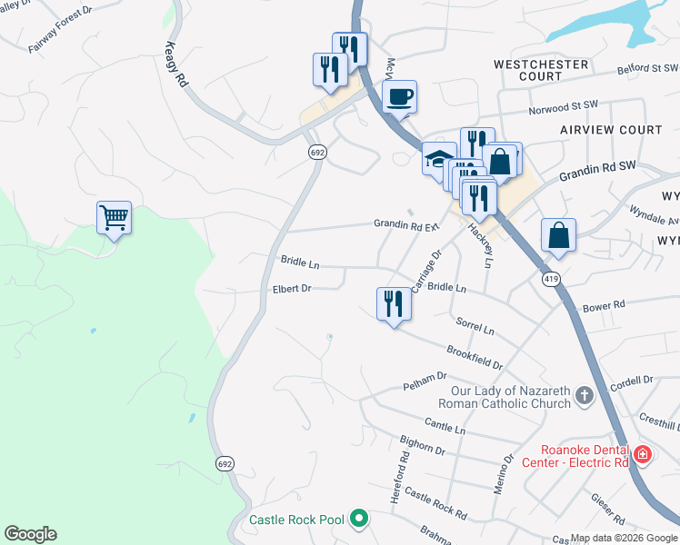 map of restaurants, bars, coffee shops, grocery stores, and more near 1875 Bridle Lane in Cave Spring