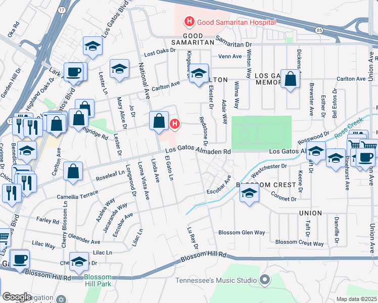 map of restaurants, bars, coffee shops, grocery stores, and more near 15545 Camino Del Cerro in Los Gatos
