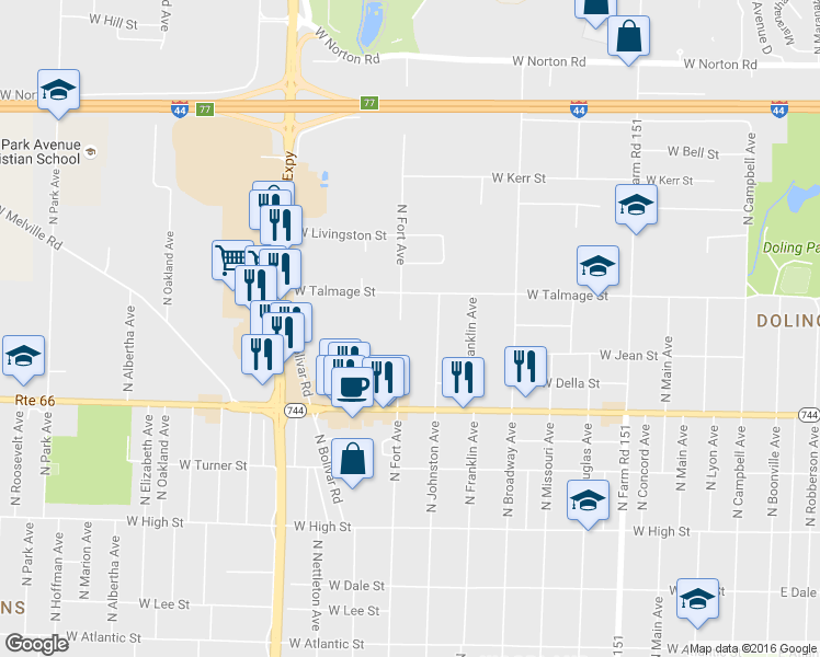 map of restaurants, bars, coffee shops, grocery stores, and more near 2510 North Fort Avenue in Springfield