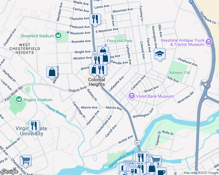 map of restaurants, bars, coffee shops, grocery stores, and more near 110 Lafayette Avenue in Colonial Heights