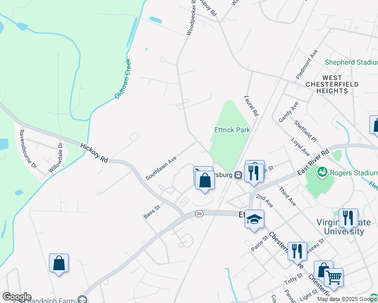 map of restaurants, bars, coffee shops, grocery stores, and more near 20509 Southlawn Avenue in Petersburg