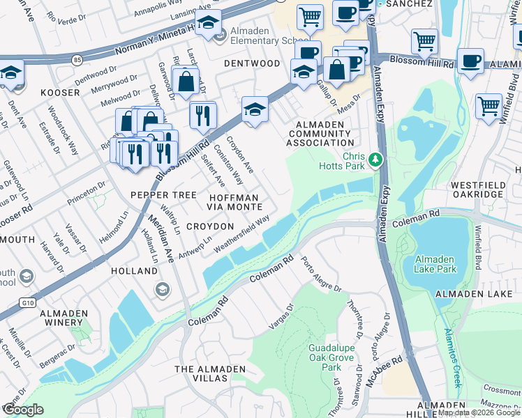 map of restaurants, bars, coffee shops, grocery stores, and more near 1248 Dorchester Lane in San Jose