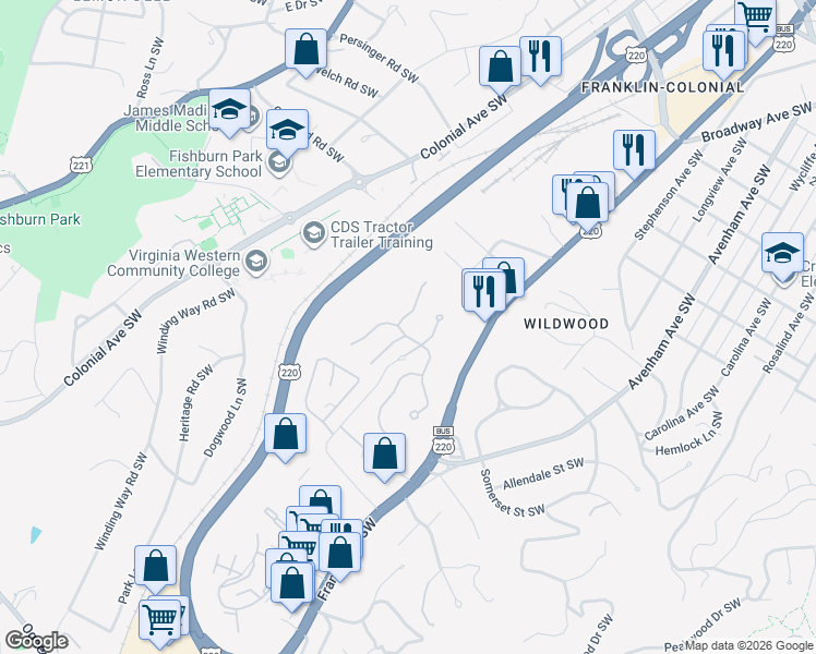 map of restaurants, bars, coffee shops, grocery stores, and more near 3209 Queen Ann Court in Roanoke