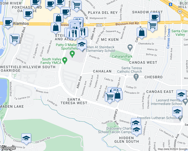 map of restaurants, bars, coffee shops, grocery stores, and more near 5870 Cabral Avenue in San Jose