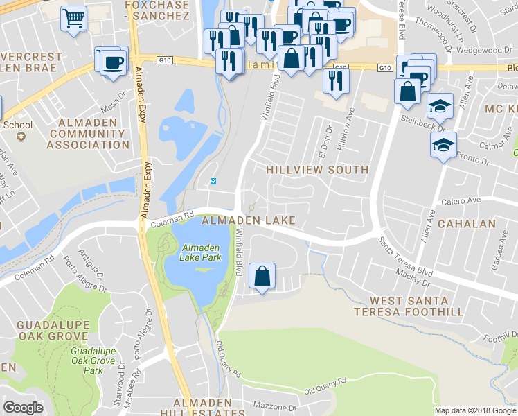map of restaurants, bars, coffee shops, grocery stores, and more near Lake Tahoe Court in San Jose