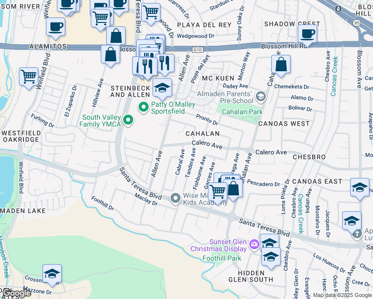 map of restaurants, bars, coffee shops, grocery stores, and more near 5870 Cabral Avenue in San Jose
