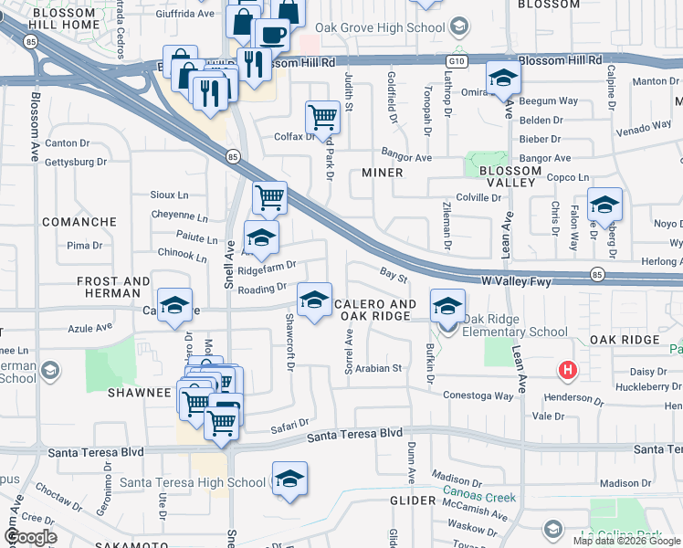 map of restaurants, bars, coffee shops, grocery stores, and more near 5867 Bridle Way in San Jose
