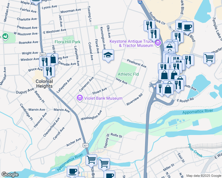map of restaurants, bars, coffee shops, grocery stores, and more near 214 Conduit Road in Colonial Heights
