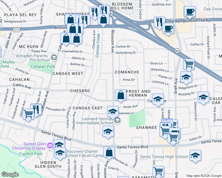map of restaurants, bars, coffee shops, grocery stores, and more near 5841 Blossom Avenue in San Jose