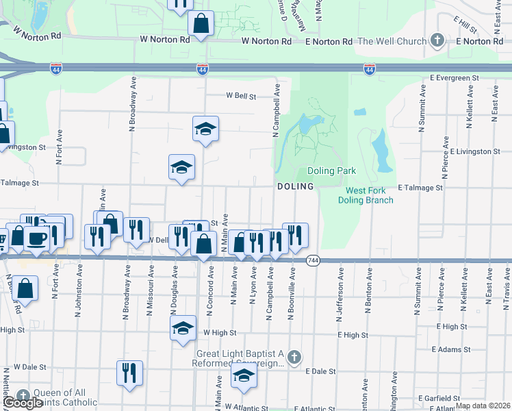 map of restaurants, bars, coffee shops, grocery stores, and more near 2530 North Lyon Avenue in Springfield