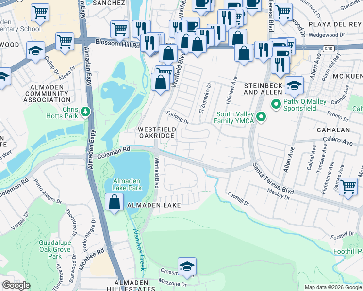 map of restaurants, bars, coffee shops, grocery stores, and more near 936 Owens Lake Drive in San Jose