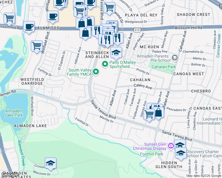 map of restaurants, bars, coffee shops, grocery stores, and more near 845 Villa Teresa Way in San Jose