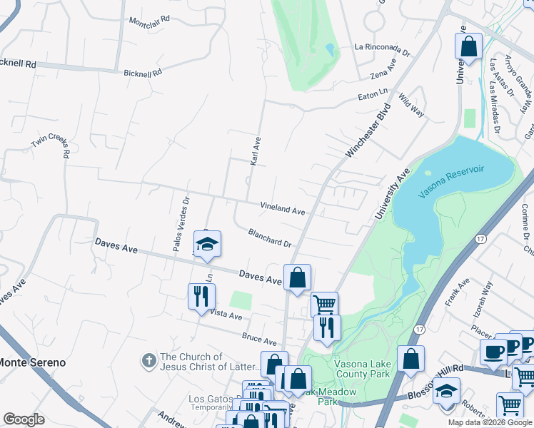 map of restaurants, bars, coffee shops, grocery stores, and more near 17636 Vineland Court in Monte Sereno
