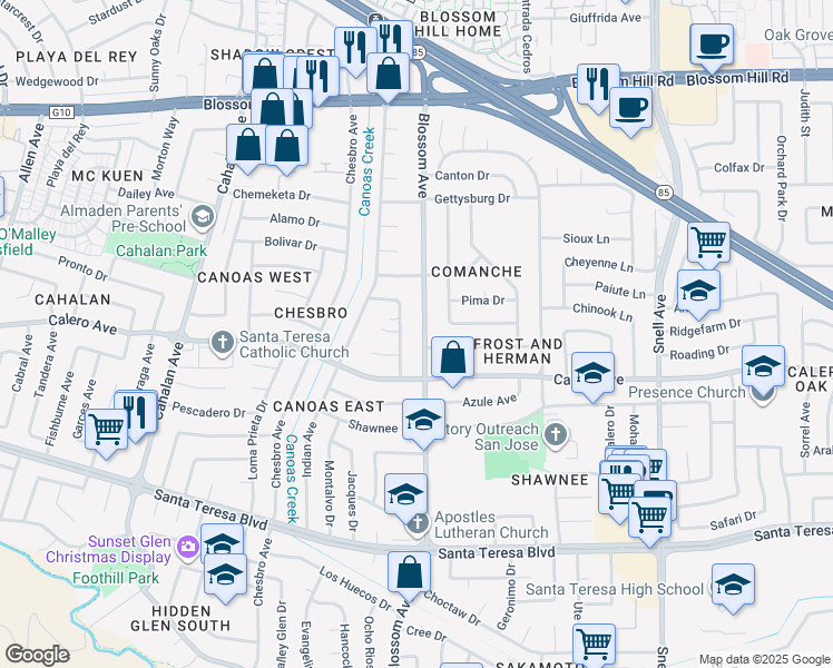 map of restaurants, bars, coffee shops, grocery stores, and more near 5841 Blossom Avenue in San Jose