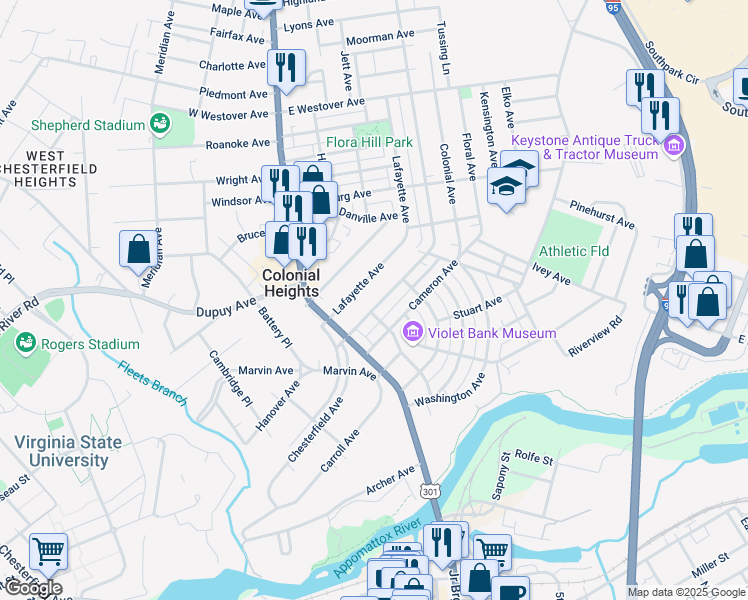 map of restaurants, bars, coffee shops, grocery stores, and more near 210 Hamilton Avenue in Colonial Heights