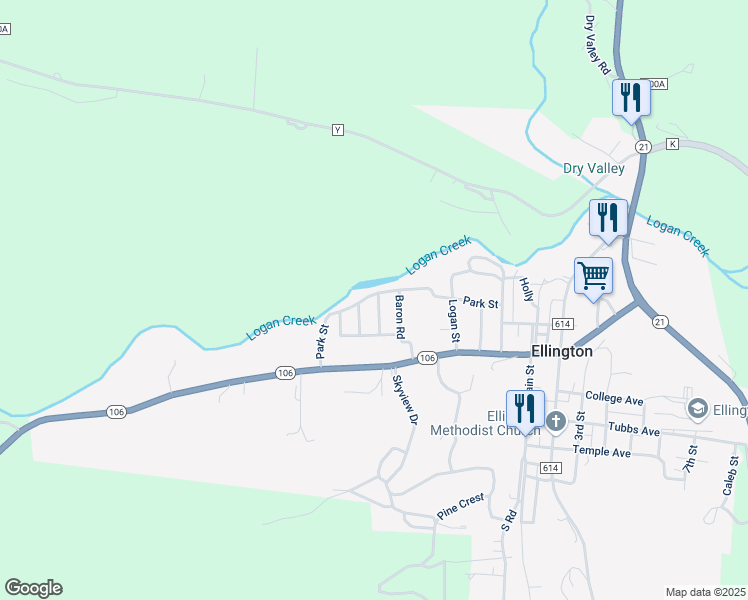 map of restaurants, bars, coffee shops, grocery stores, and more near 270 Meadow Street in Ellington
