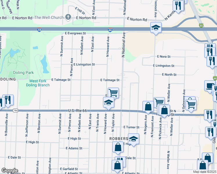 map of restaurants, bars, coffee shops, grocery stores, and more near 2532 North Howard Avenue in Springfield
