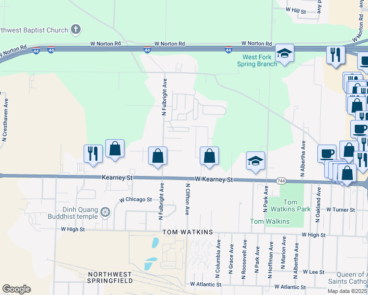 map of restaurants, bars, coffee shops, grocery stores, and more near 2615 West Jean Street in Springfield