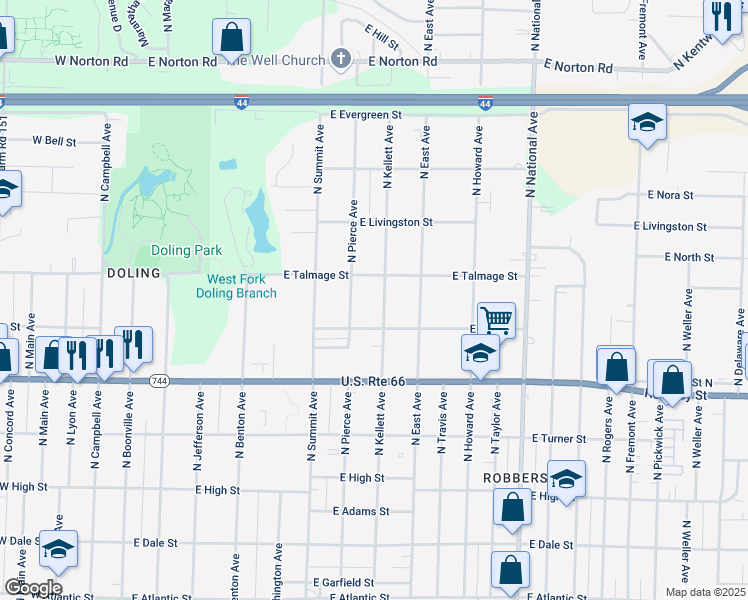map of restaurants, bars, coffee shops, grocery stores, and more near 2532 North Kellett Avenue in Springfield